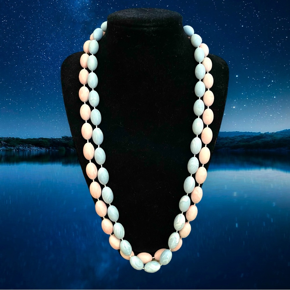 Two Beaded Necklaces in Pastel Pink and Blue